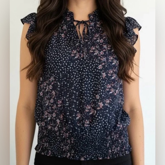 Joie Tops - Joie Navy Floral Ruffle Tie Neck Blouse